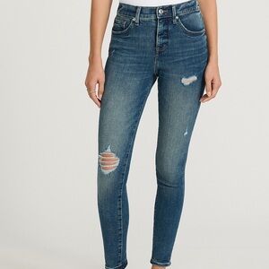 Express Women's Mid Rise Stretch Skinny Jeans Dark Blue Wash Jean 2 Rips New